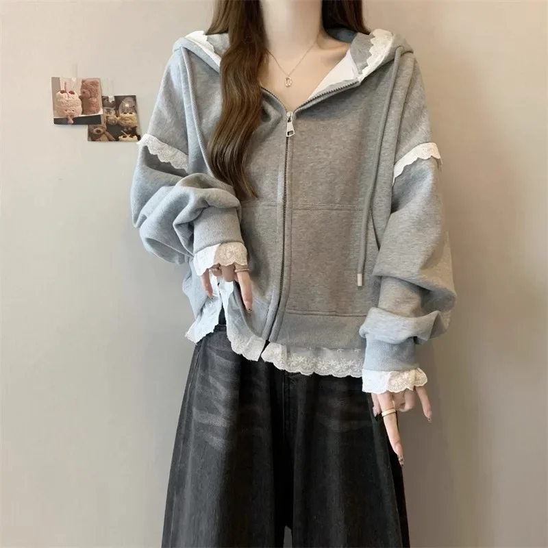 Frauen Herbst Plus Größe Abnehmen High-end Feellace Mit Kapuze Sweatshirt Strickjacke Nicht-marke Lose Fit Langarm