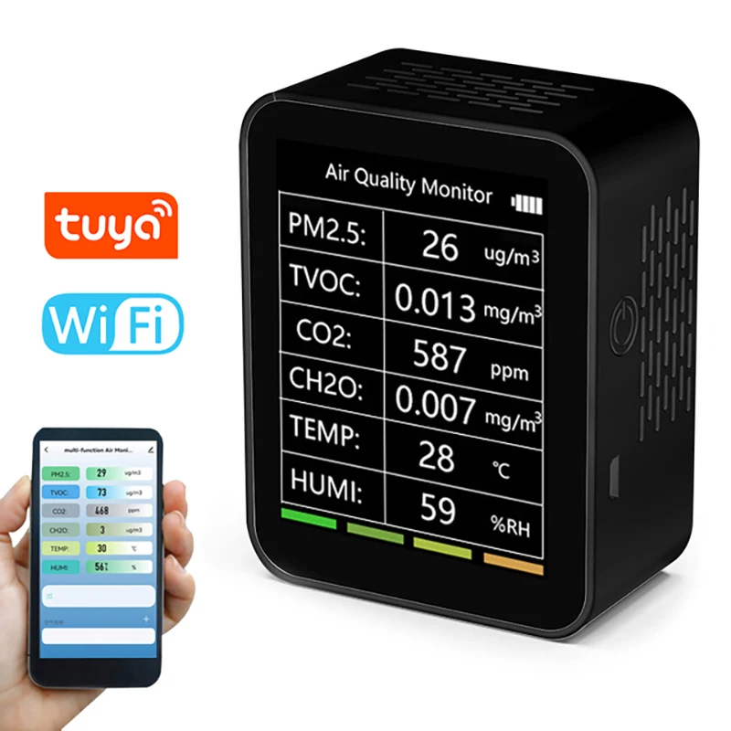 Monitor de calidad del aire WiFi Tuya, medidor de CO2, 6 en 1, PM2.5, PM10, HCHO, TVOC CO, Detector de Gas, probador de dióxido de carbono