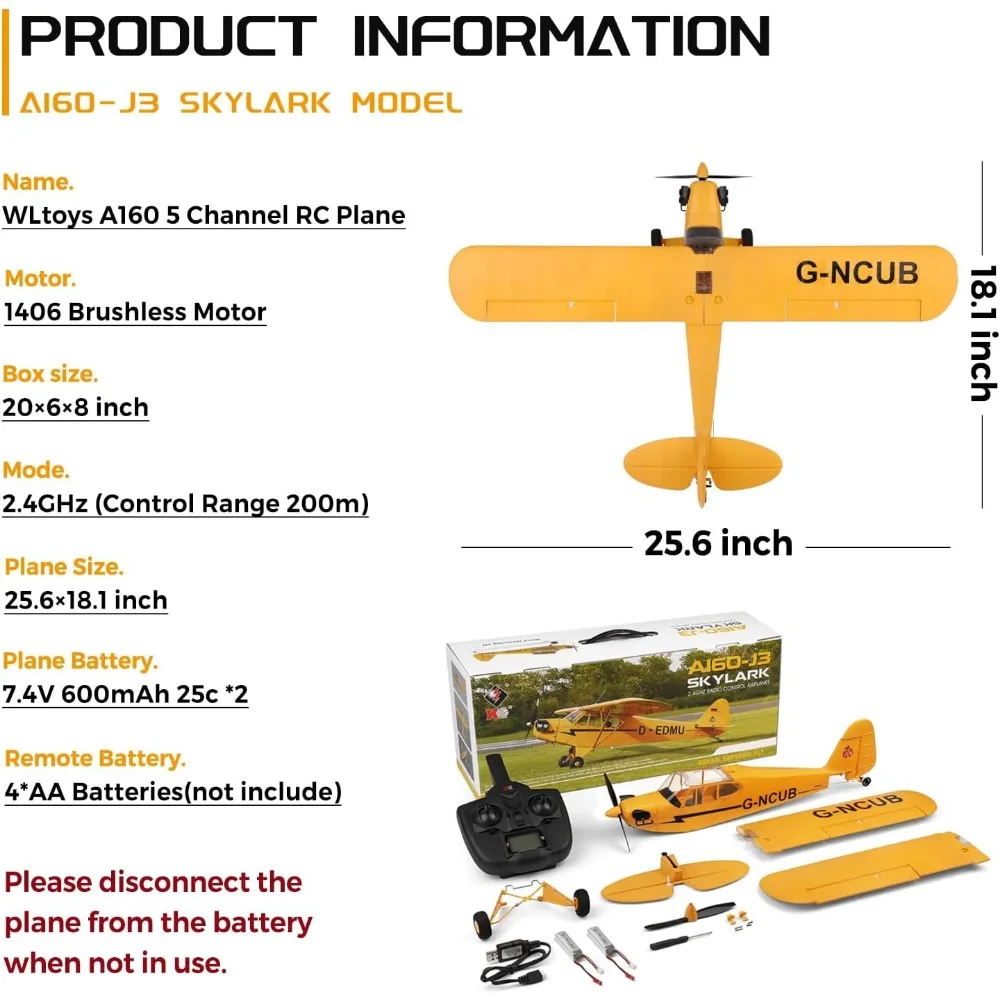 CKYSCHN A160 J3 Avión Gyro 2.4G RC de 6 ejes para adultos con vuelo 3D sin escobillas y control remoto de 5 canales, incluido 2 baterías