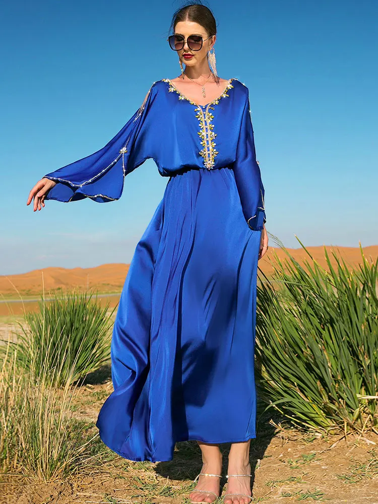 Morrocan Kaftan Evening Dresses Women Luxry Rhinestones Elastic Waist Muslim Long Dress Gulf Jalaabiya Arabian Party Abaya Blue