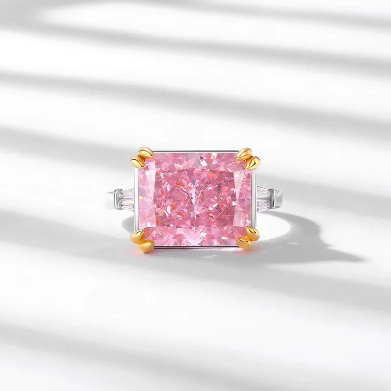 خاتم S925 مطلي بالفضة عيار 18 قيراط مرصع بالأحجار الكريمة الملونة PT950 خاتم سكر وردي من الألماس عالي الكربون البلاتيني