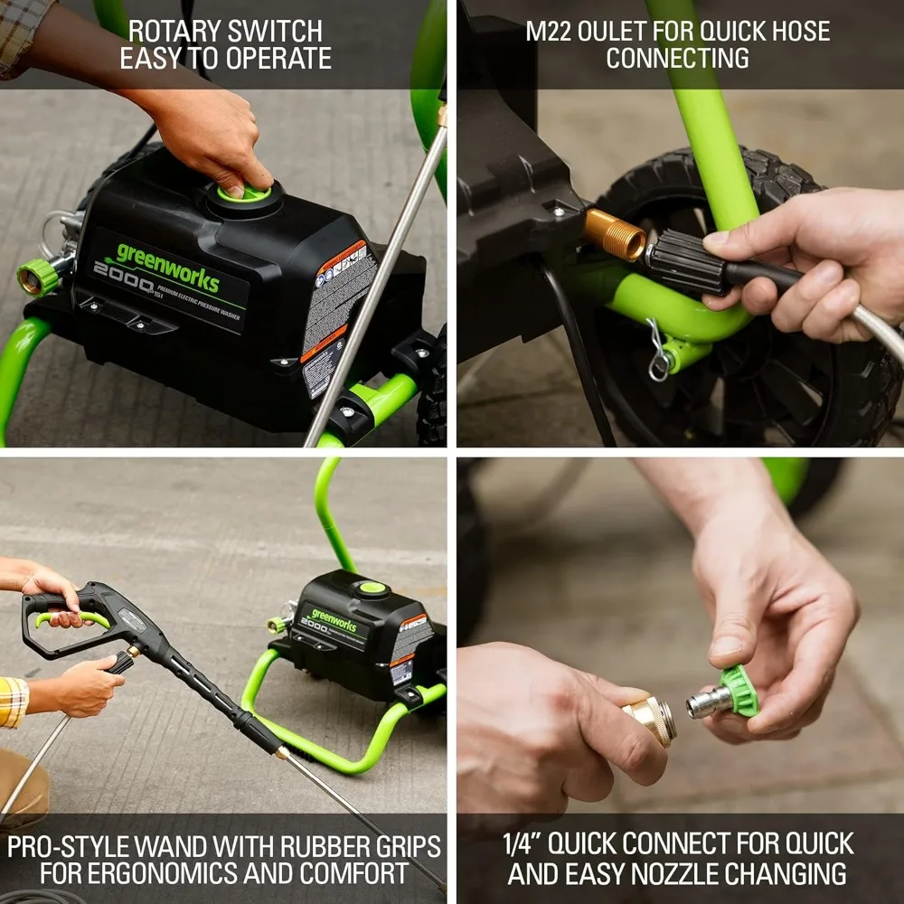 غسالة ضغط كهربائية 2000 رطل لكل بوصة مربعة مع عجلات، وخرطوم 20 قدمًا، وسلك طاقة 35 قدمًا لتنظيف السيارات والأسوار