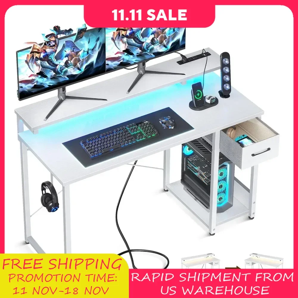 Gaming Desk with LED Lights & Power Outlet with Drawer, with Adjustable Monitor Shelf & Headphone Hook, 48 Inch Computer Desk