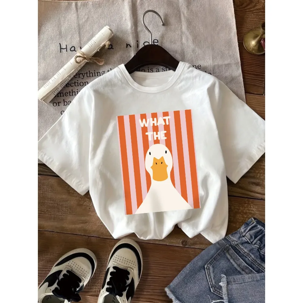 White Background Orange Pink Striped Cartoon Duck Short Sleeved Women's Fun WHAT THE Letter Versatile Round Neck T-shirt