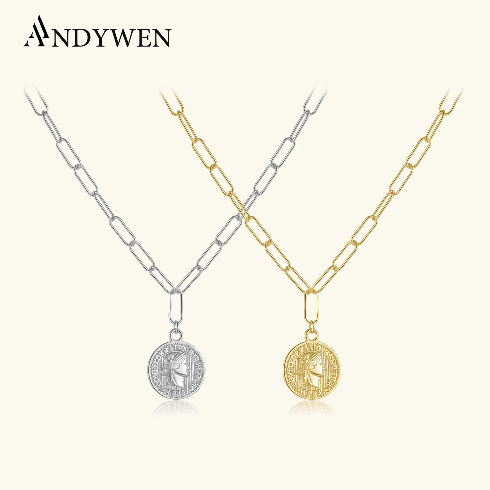 ANDYWEN New 925 Sterling Silver Big Horoscope Chain Coins Queen Women Necklace 2026 Rock Punk Women Fashion Daily Jewelry