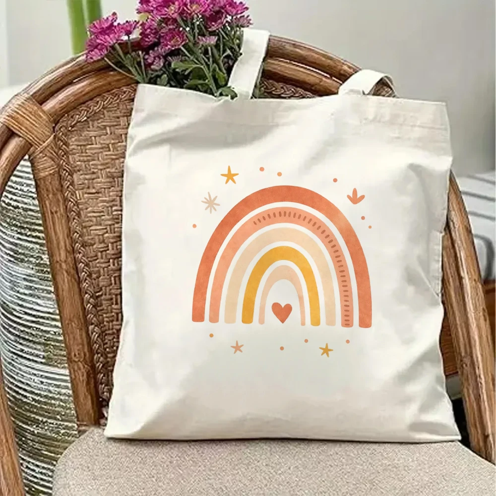 Boho Rainbow Canvas Tote Bag Terracotta Earthy Aesthetic Star Heart Print Reusable Shopping Grocery Shoulder Handbag Purse