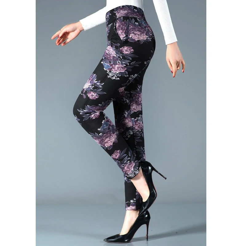 2022 Autumn Winter Plush Thick Warm Women Casual High Waist Cotton Trousers Vintage Floral Print Slim Pants Pantalones Mujer 4XL