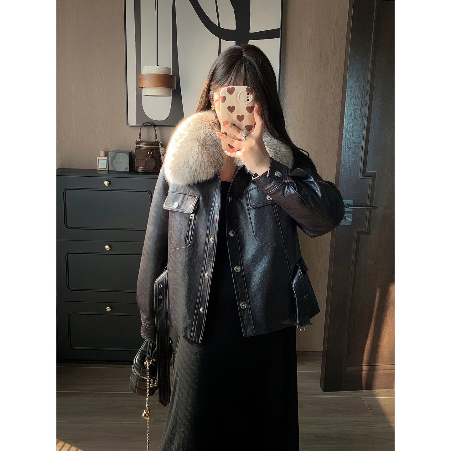2025 automne hiver mode femmes veste en cuir col de fourrure manteaux courts à manches longues vestes à glissière femmes haute rue loisirs manteau