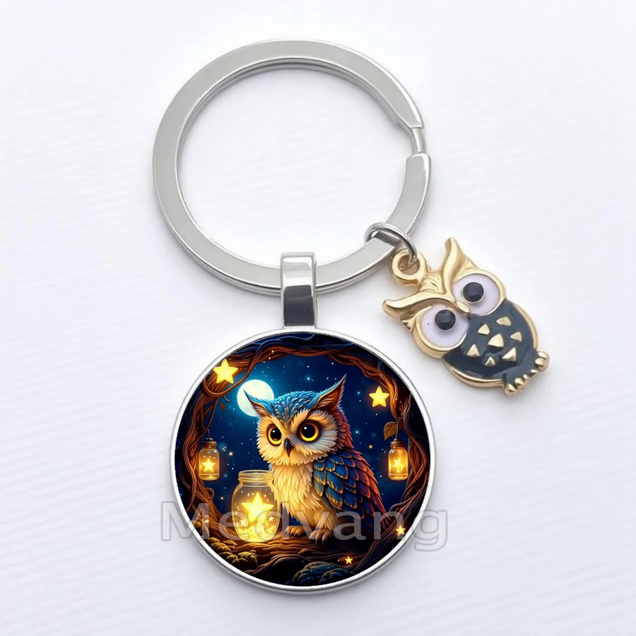 2026 Retro Owl Keychain Owl Family Pattern Glass Keychain Gift Wholesale view 5