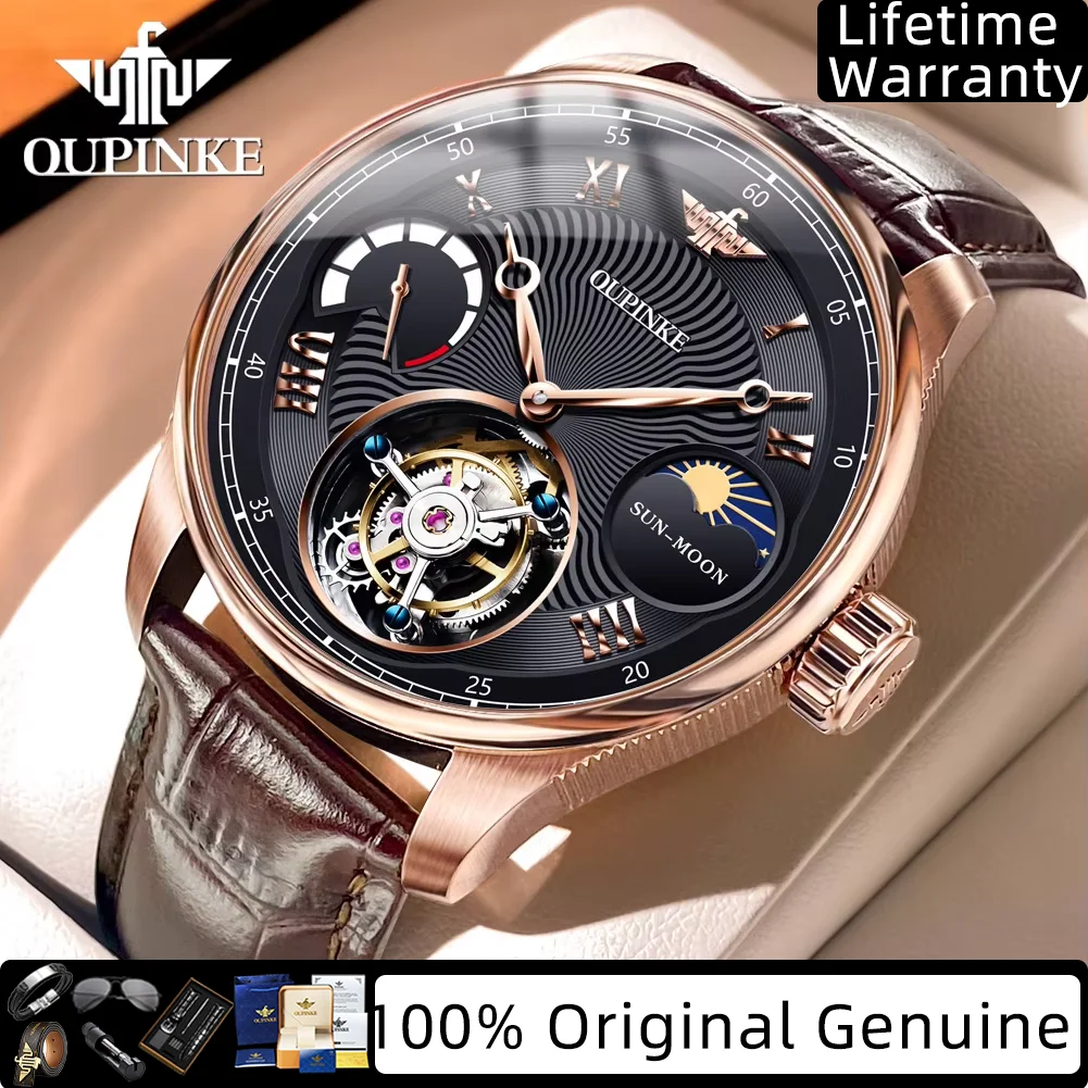 OUPINKE Tourbillon Men's Watches Genuine Leather Strap Moon Phase Skeleton Flywheel Top Luxury Original Mechanical Watches 8001