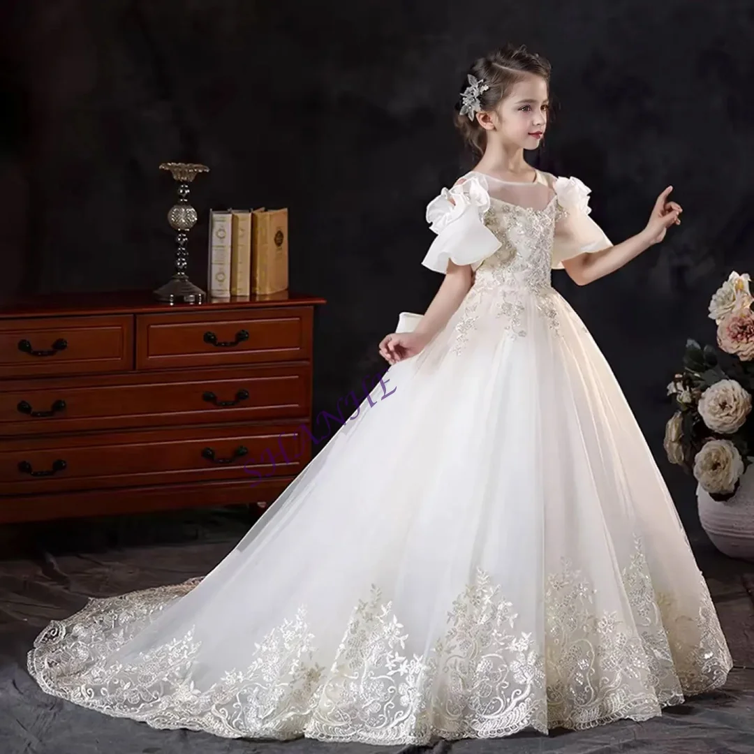 Customized Luxury White Appliques Lace Girl Dress with Bow Princess Kids Long Wedding Birthday Pageant Party Evening Gown