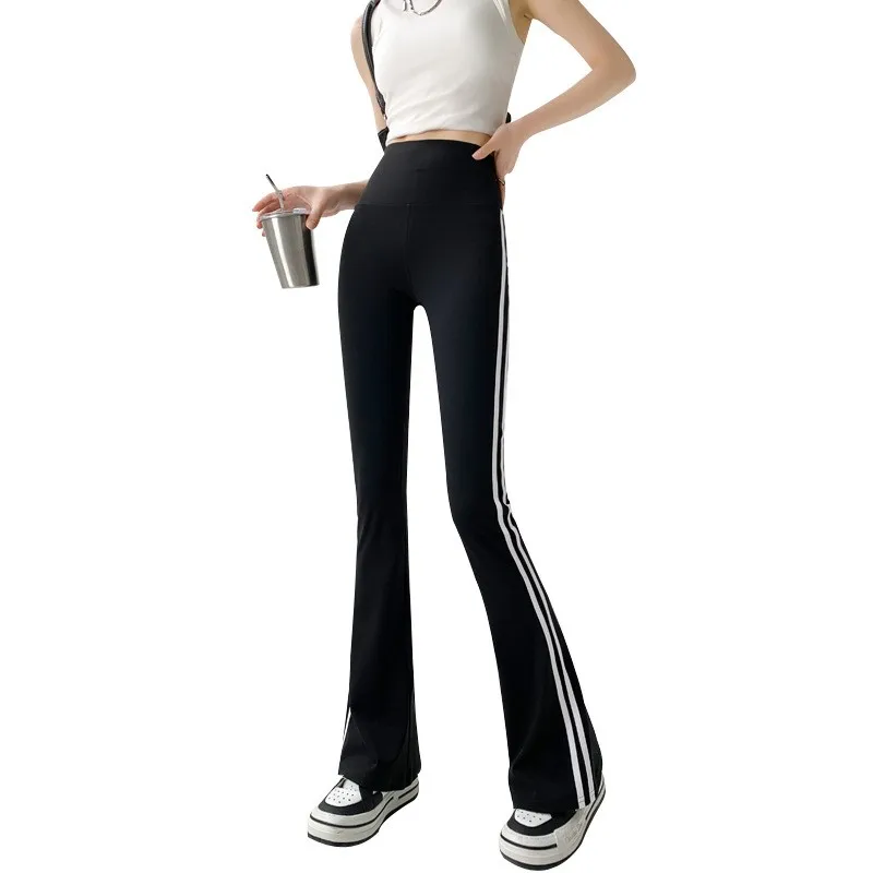 Fashion Side Stripe Flared Shark Pants Female Thin Style Leggings High Waist Hip Liftting Workout Running Skinny Yoga Leggings
