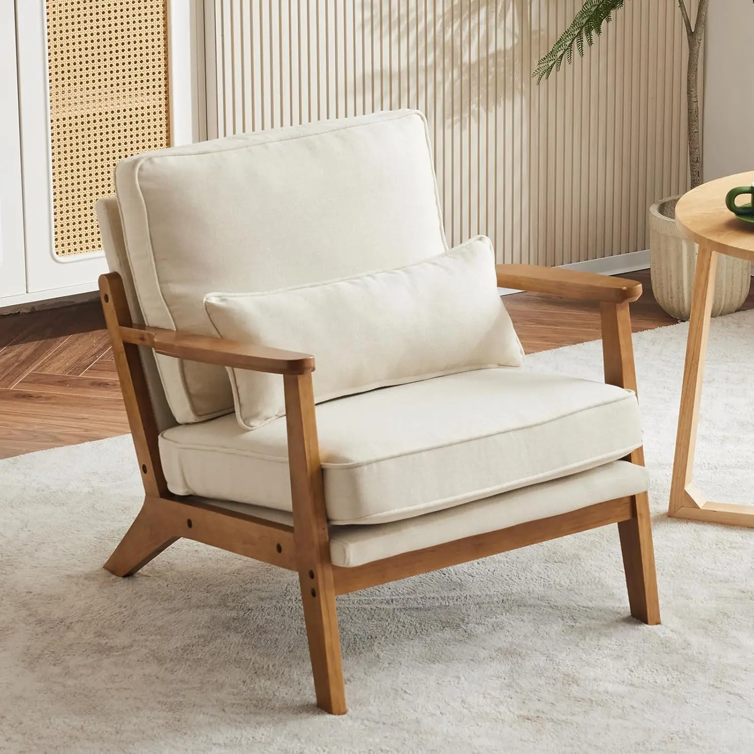 

Accent Chair Wide Armrest Mid-Century Lounge Chair Linen Fabric Armchair with Lumbar Pillow & Solid Wood Frame for Liv