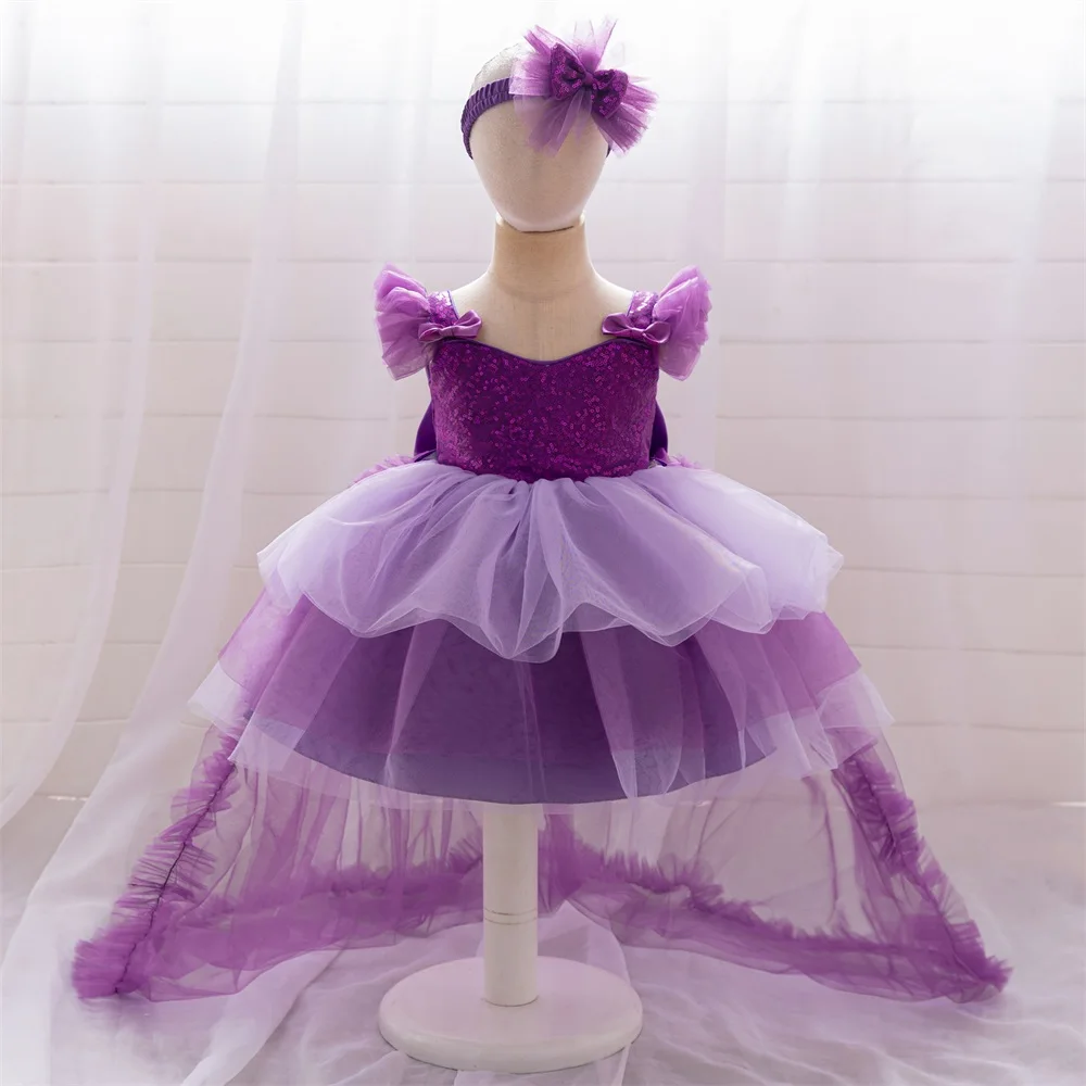 2pcs New Baby Girls Trailing Sequin Princess Tutu Dress Toddler Girls Hot Pink Lace Dresses Kids Summer Casual Fashion Clothes