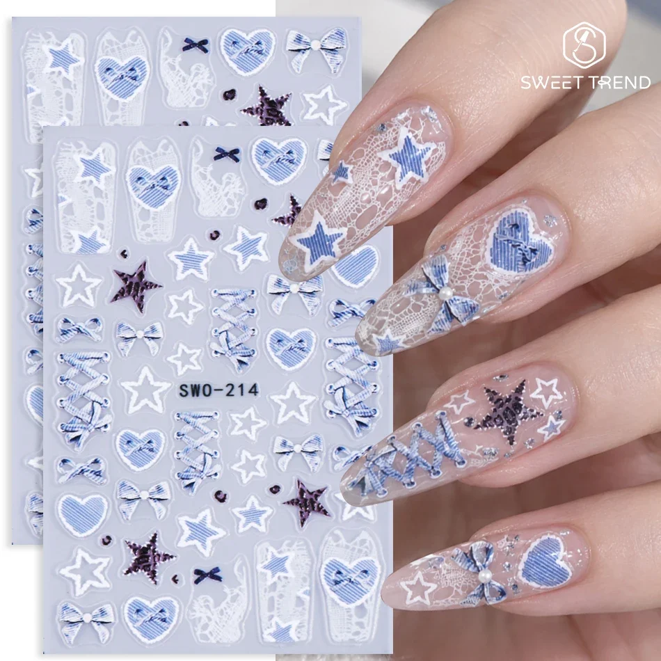 2pcs Embossed Nail Art Stickers Blue Denim Texture Heart Star Bow Lace French Self‑Adhesive Nail Decals DIY Manicure Decorations