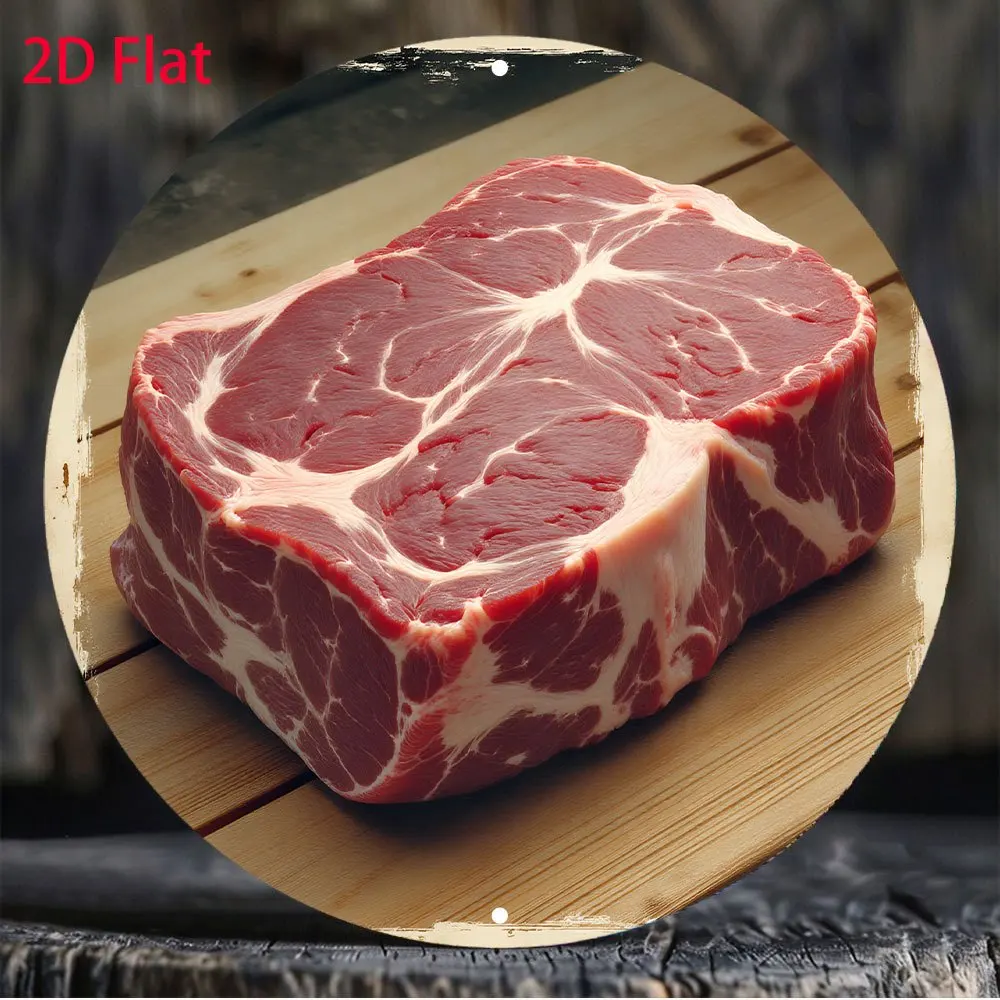 2D Flat, 1pc Realistic Beef Steak Metal Wall Sign - Large 8-Inch Round (7.87inch) Realistic Meat Texture, Iron Cow Cut Chart-lik