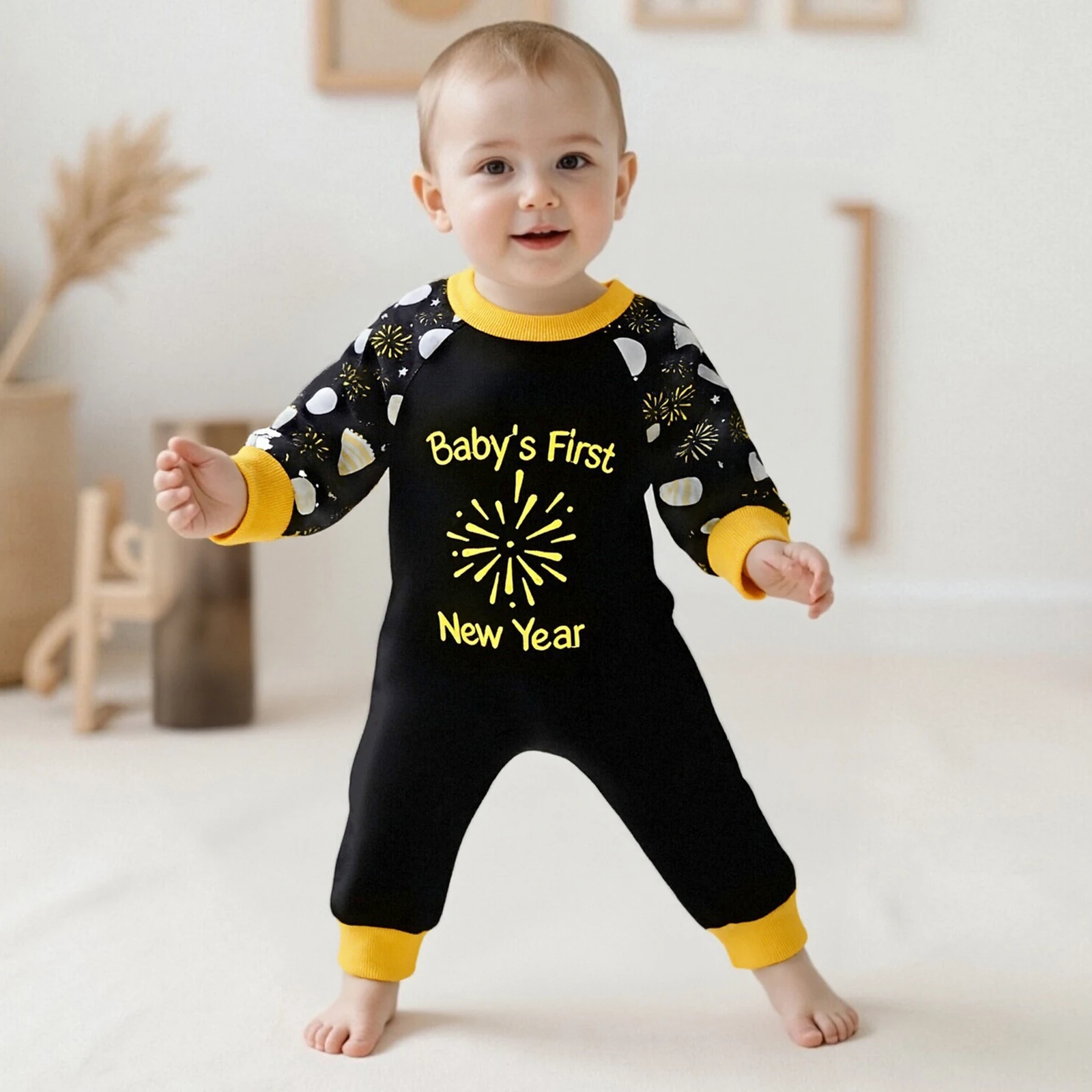 2026 السنة الجديدة الطفل ليلة رأس السنة رومبير فضفاضة تناسب الألعاب النارية إلكتروني نمط طاقم الرقبة طويلة الأكمام الوليد بذلة #6