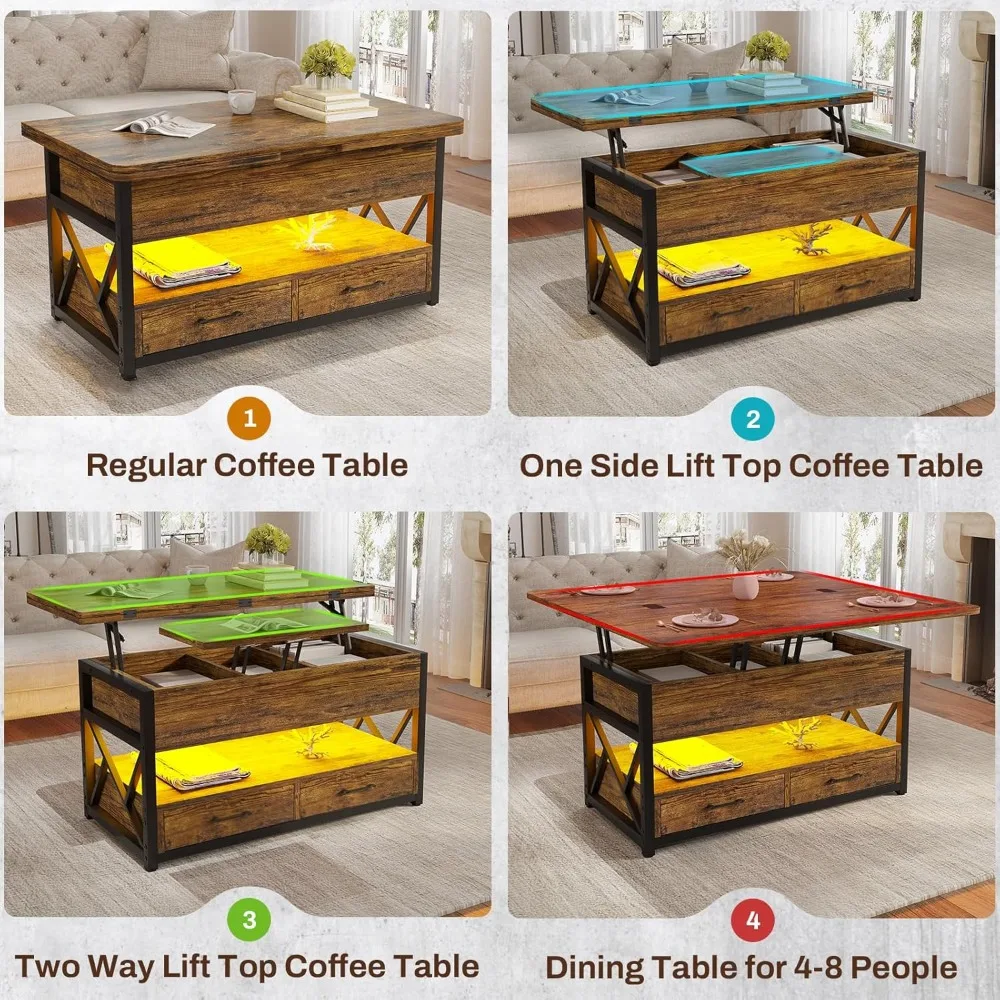 4-in-1 Living Room Coffee Table with Storage, Small Farmhouse Coffee Table with 2 Drawers and LED Lights, Rustic Brown