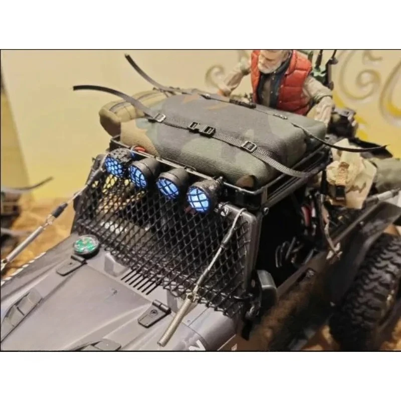 

For 1/12 MJX H12Y RC Crawler No-Mod Metal Roof Rack with LED Lights – Tent Bag Leather Roll, Manual Switch Y-Cable for Fan Link