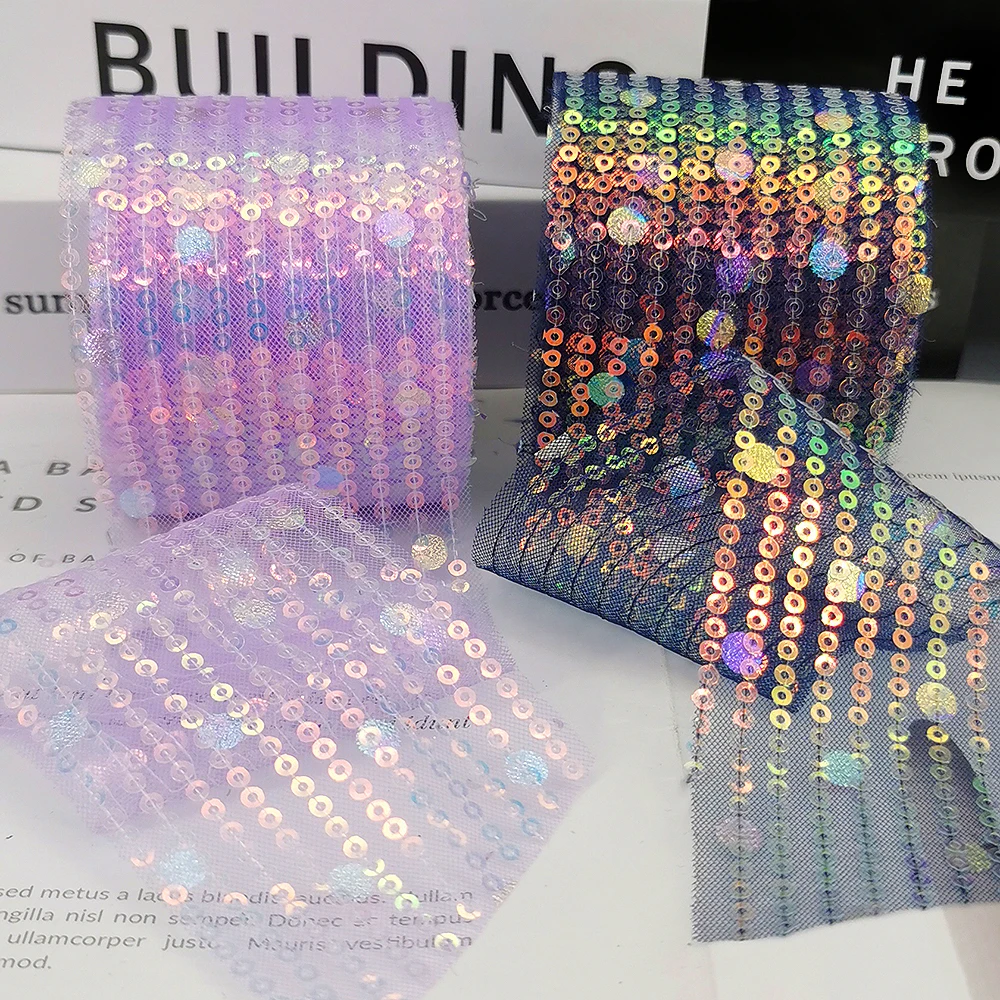 6cm 10yards Sequin Tulle Ribbon With Stirpes Circle Dot Paillette Embroidered Fabric Film DIY Hair Bows Dance Costum Dress Trim
