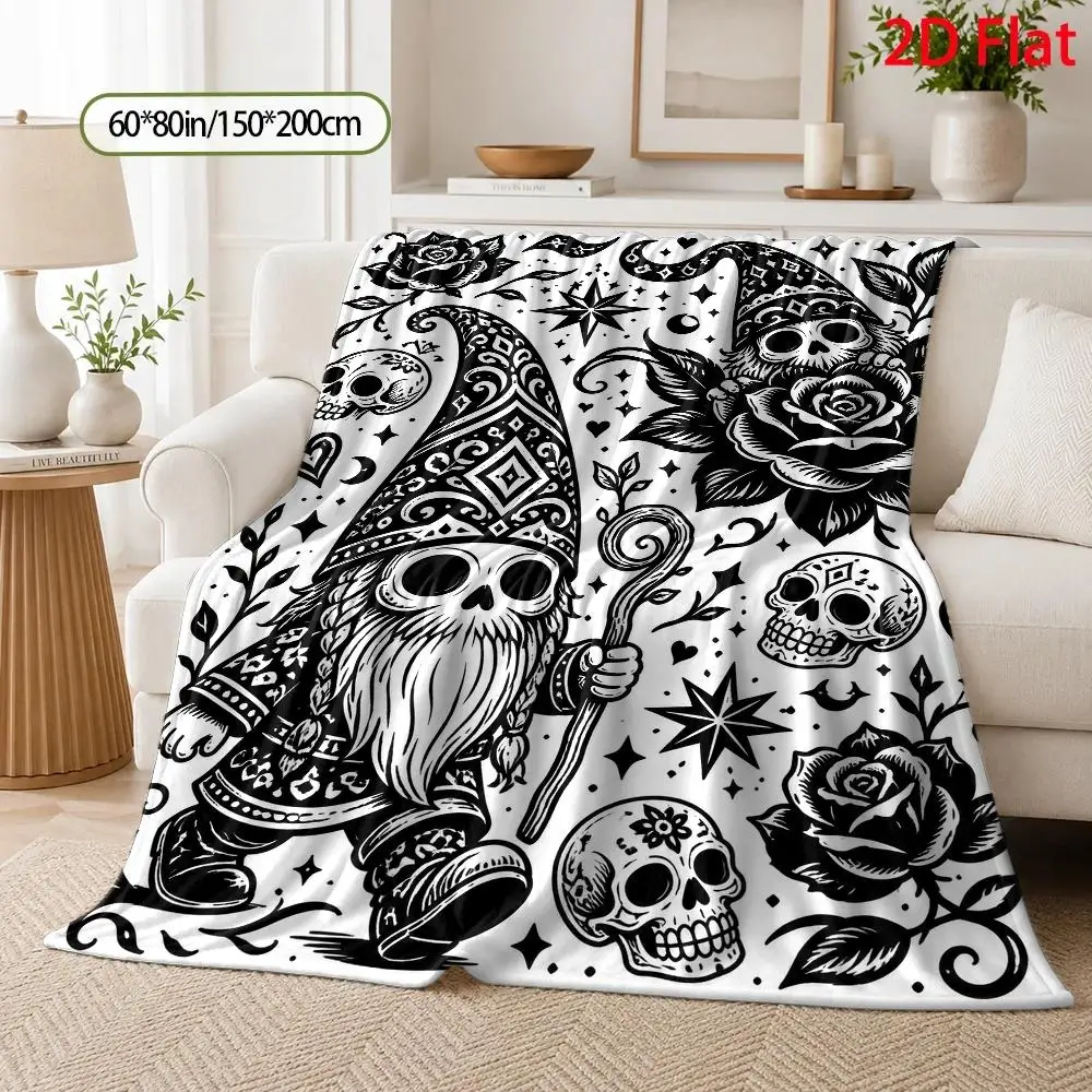 1pc 2D Flat DIY Coloring Throw Blanket, Gothic Gnome & Ornate Skull Line Art, Black White Rose Flannel Blanket