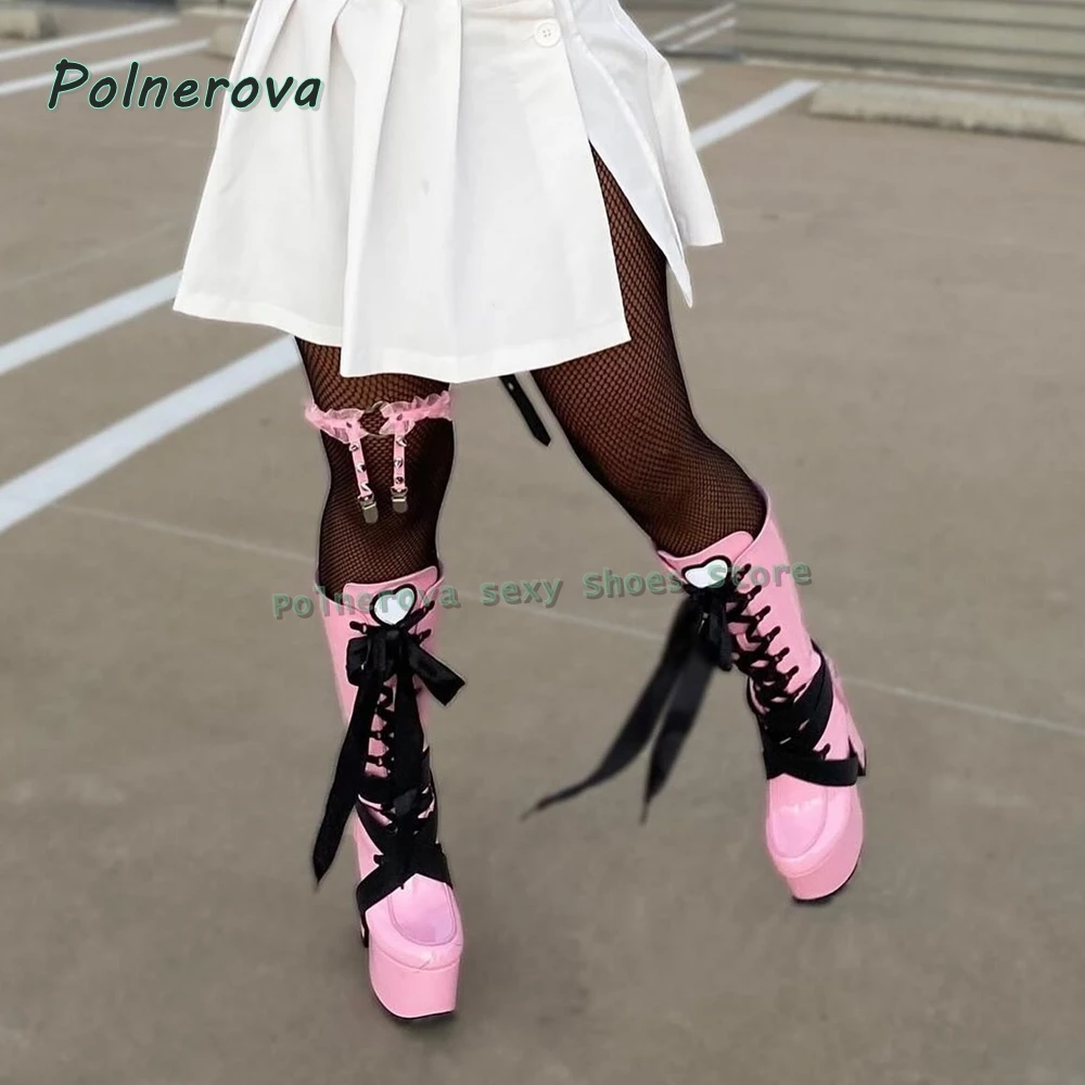 Women's Pink Platform Knee High Boots Round Toe Lace Up Patchwork Bow Heart Gothic Punk Y2K Sweet Goth Wedge Heel Shoes Summer