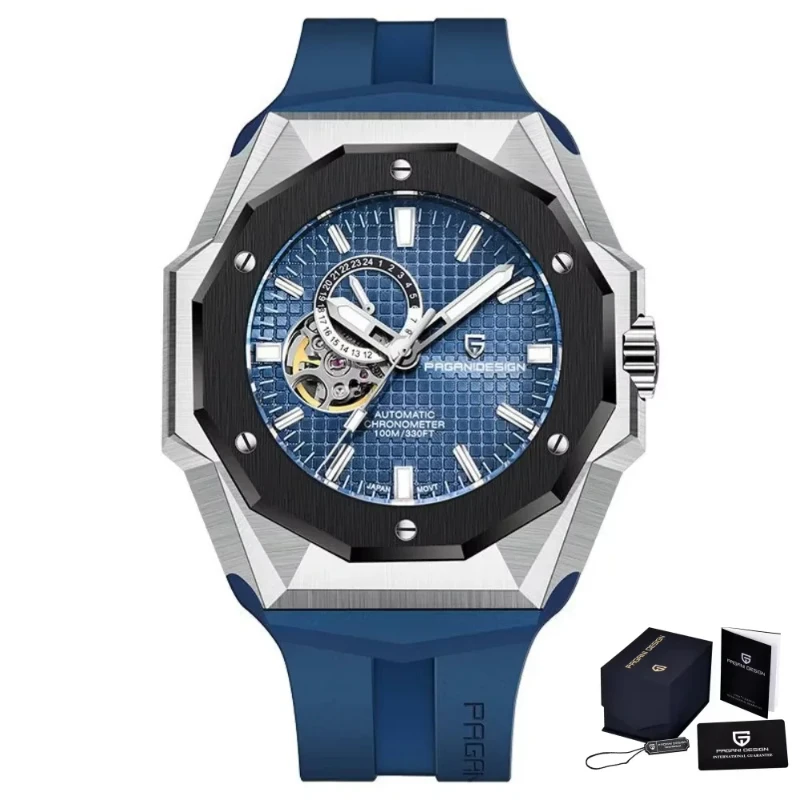 PAGANI DESIGN Men Automatic Watch Octagon Case Hollow Mechanical Wristwatch 100M Waterproof Silicone Strap Sport Luminous Watch