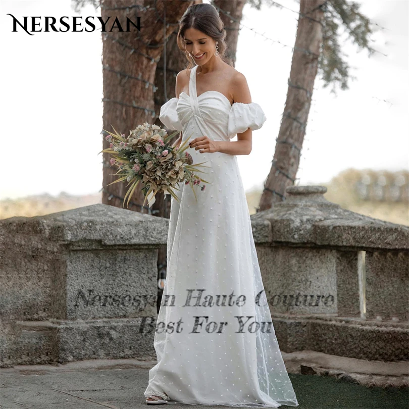 Nersesyan Exquisite Off The Shoulder Wedding Dresses Satin Puff Sleeves Pleated Bridal Gown Tulle A Line Vestidos De Novia 2023