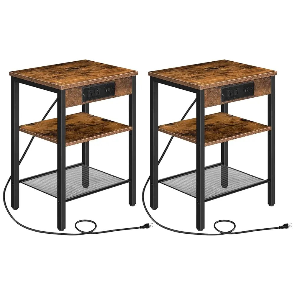 

End Table with Charging Station and USB Ports, 3-Tier Nightstand with Adjustable Shelf, Small Side Table for Small Space in