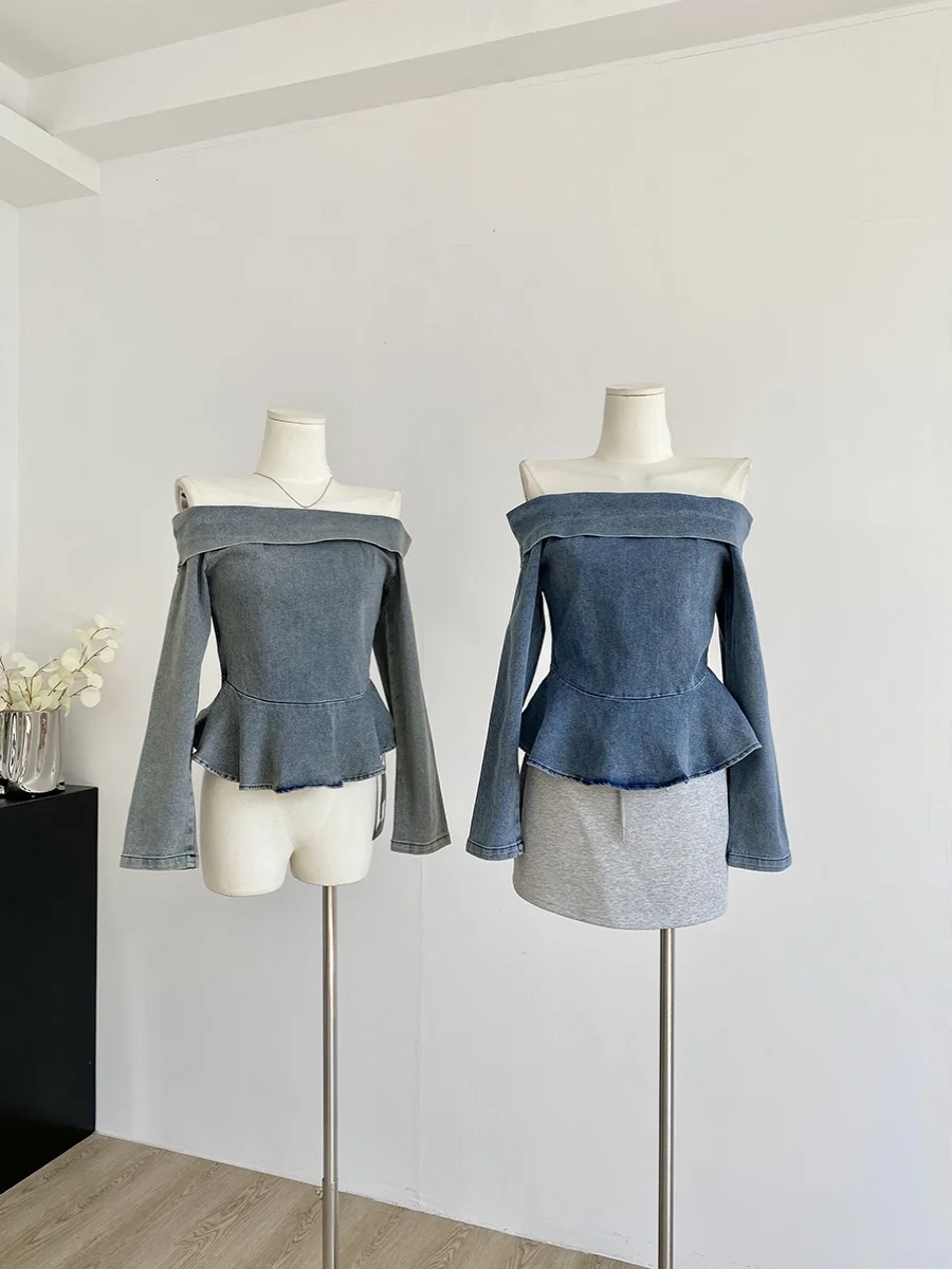 

Korean Style Short Denim Shirt Women's Spring 2025 New Slimming Age-Defying Shoulder-Baring One-Shoulder Neckline Commute Style