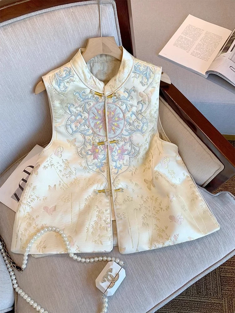 

Новая китайская модная женская жилетка с вышивкой, воротником-стойкой и многослойным дизайном, весна-осень, ретро-стиль