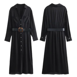 Maxdutti French Retro Pleated Fashionable And Casual Midi Dress Commuting Dress Elegant Black With Belt For Women