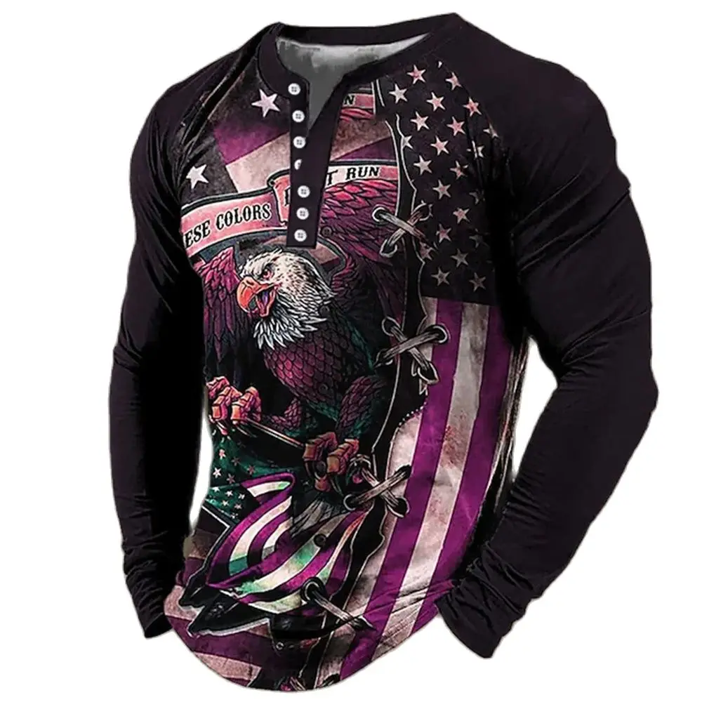 Men\'s Fashion Long Sleeve T Shirts 3d Eagles Print Usa T-shirts Tops Cotton V-neck Tees Casual Harajuku Streetwear Male Clothing