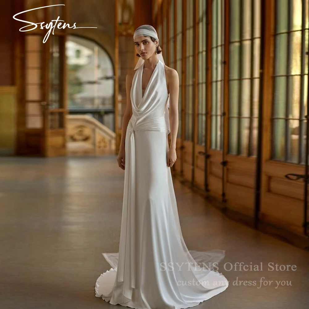 SSYTENS Maßgeschneidertes Meerjungfrau-weißes Hochzeitskleid für Damen, sexy rückenfreies Brautkleid, Strandhalter, ärmelloses Kleid, Robe Femme Diegogante