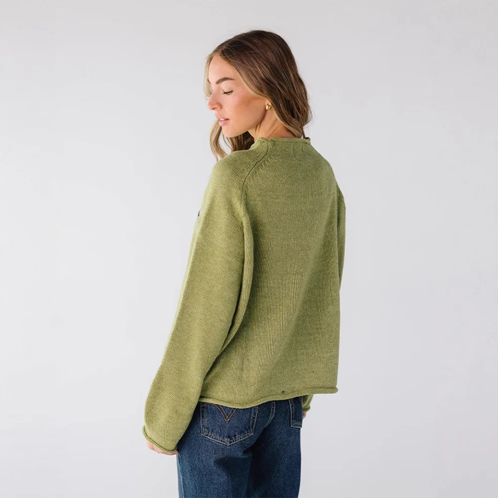 Roll Edge Crew Neck Fish Jacquard Knit Pullover Raglan Long Lantern Sleeve Loose Green Casual Sweater Top Valentine Gift 260602 view 5