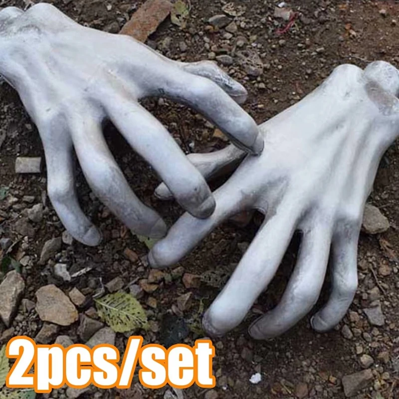 2Pcs Halloween Skeleton Hands Scary Realistic Size Hand Bone Skull Halloween Party Home Decoration Haunted House Horror Props