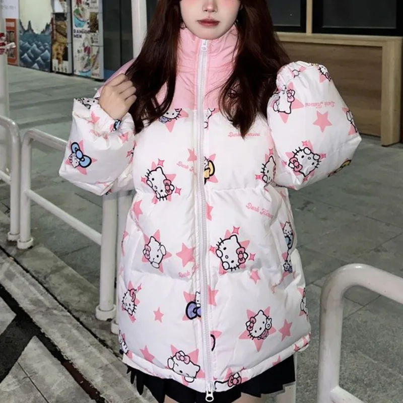 Abrigo de plumón con estampado de Hello Kitty para mujer, chaqueta acolchada de algodón a juego, chaqueta de pan, ropa de invierno, elegante, estrella China, nueva moda