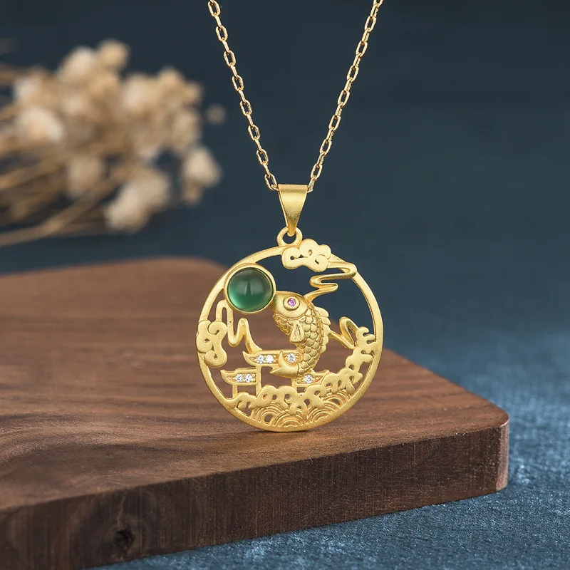 China Classical Style Jasper Koi Spray Inlaid Zircon Jewelry Exquisite Gold-Plated Pendant Hetian Jade Women Necklaces Gift 23MM