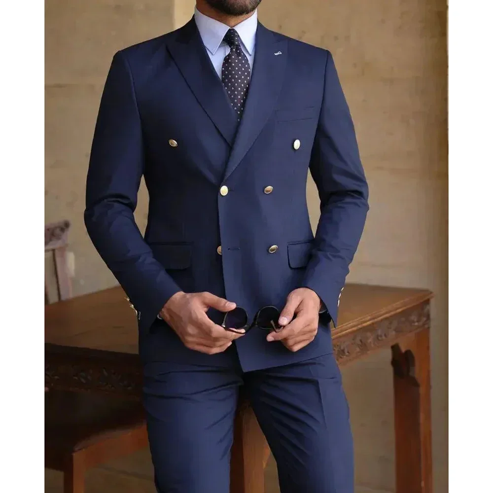 

Fashion Peak Lapel Double Breasted Suits for Men Two Piece Slim Fit Chic Business Casual Office Costume Homme (Jacket+Pants)