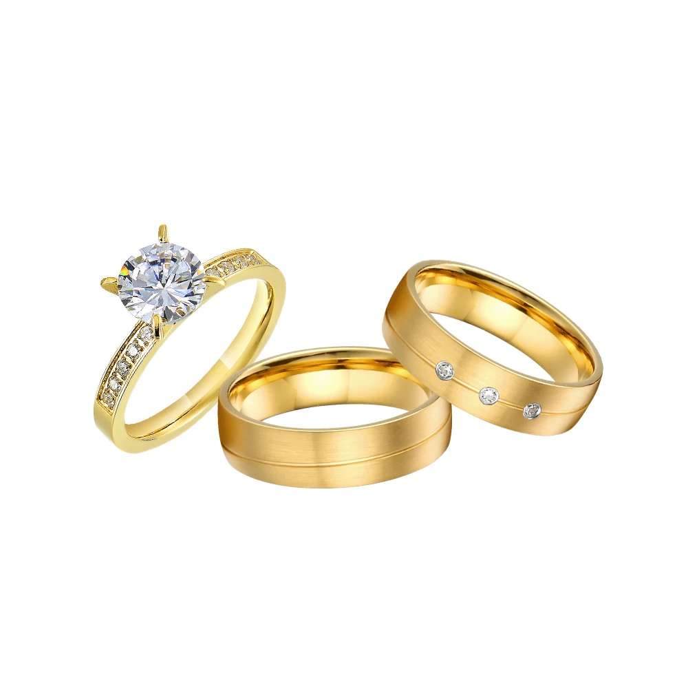 

Уникальные комплекты обручальных колец из 3 предметов из США для любителей нее и него, ювелирные изделия из нержавеющей стали с покрытием из 18-каратного золота