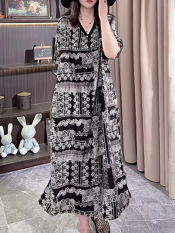 

plus Size Loose Fit ort Sve Print round Ne Long Dr Women's Design Sensation Summer Casual Korean Sle A-Line Dr