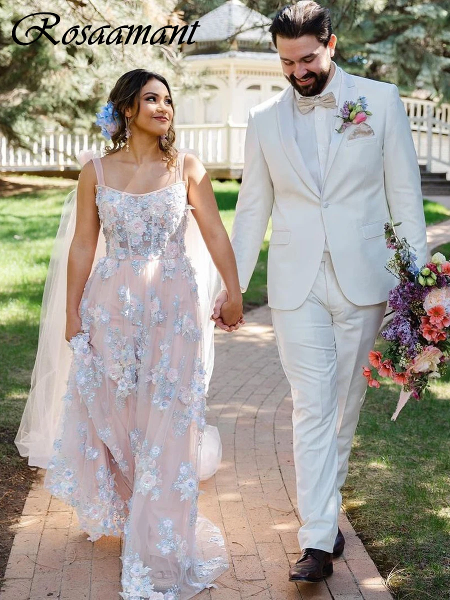 Luz rosa sem mangas vestidos de casamento, cintas de espaguete, pérolas a linha, vestidos de noiva florais 3D