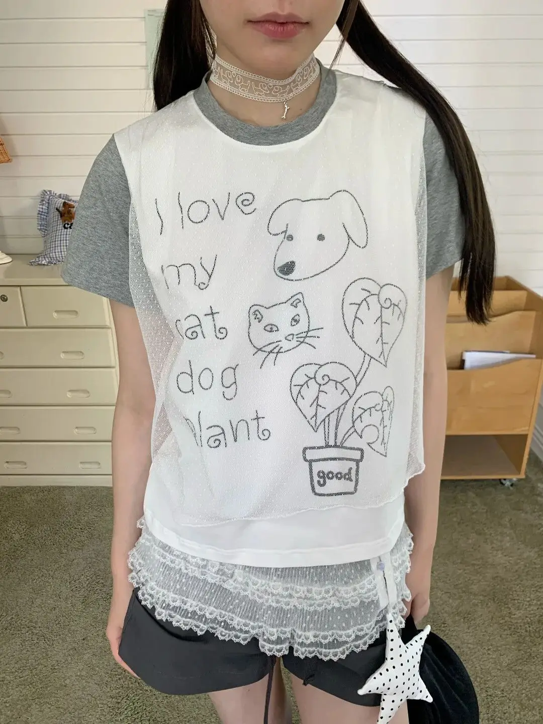 Kawaii Harajuku Fake 2 Piece T Shirt Women Mesh Overlay Cute Dog Cat Graphic Tee Y2K Soft Girl Patchwork Short Sleeve Top Grunge