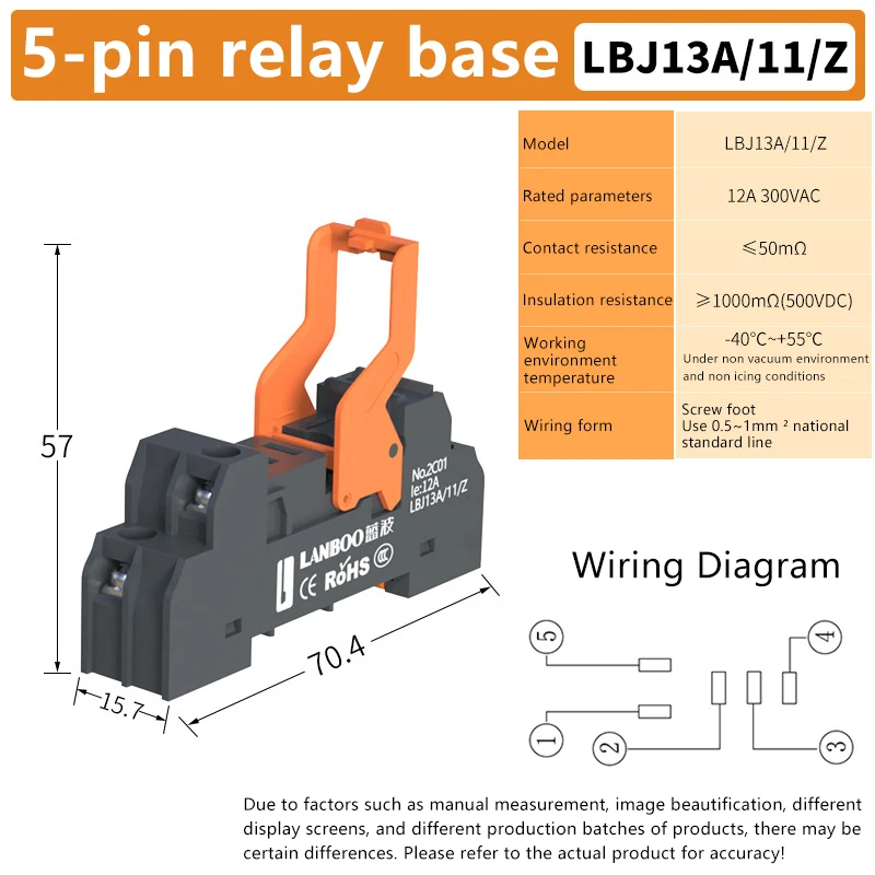 8Pin 2NO2NC For DC12V/24V/48V AC24V/110V/220V Narrow Type Relay Base LBJ13A Series Precision Manufacturing 5Pin