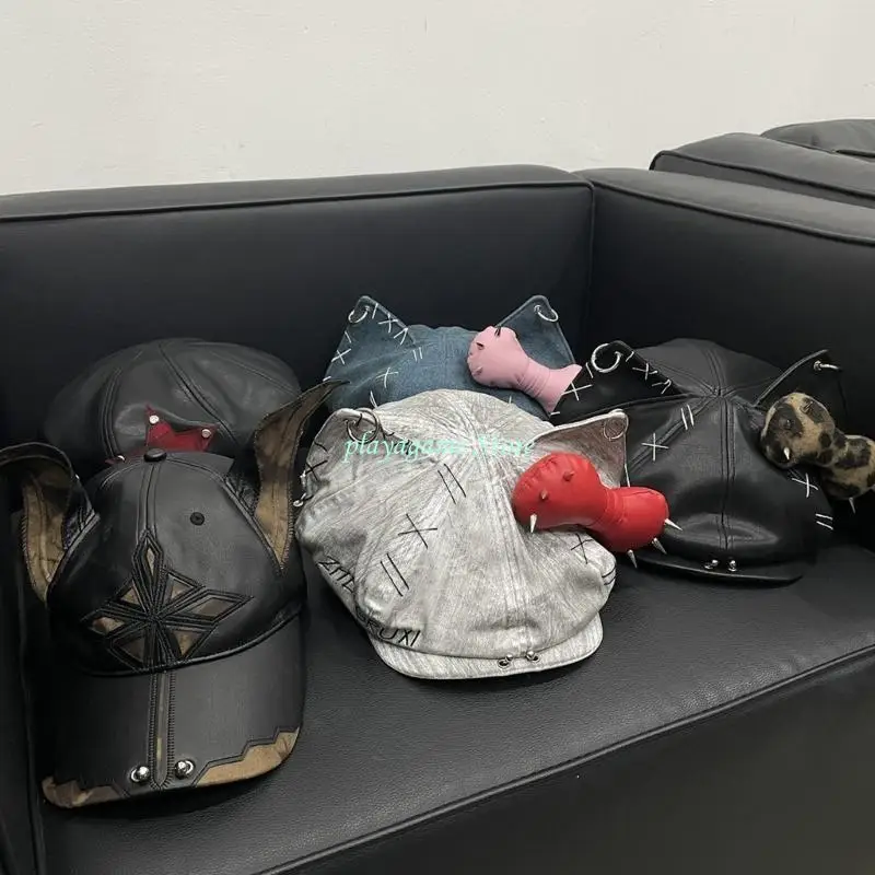 Y88A 2000s الكلب الأذن قبعة بيسبول للنساء الرجال بائس بولي قبعة قبعة جلدية الثقافات الفرعية الشارع الشهير الهيب هوب قبعة أغطية