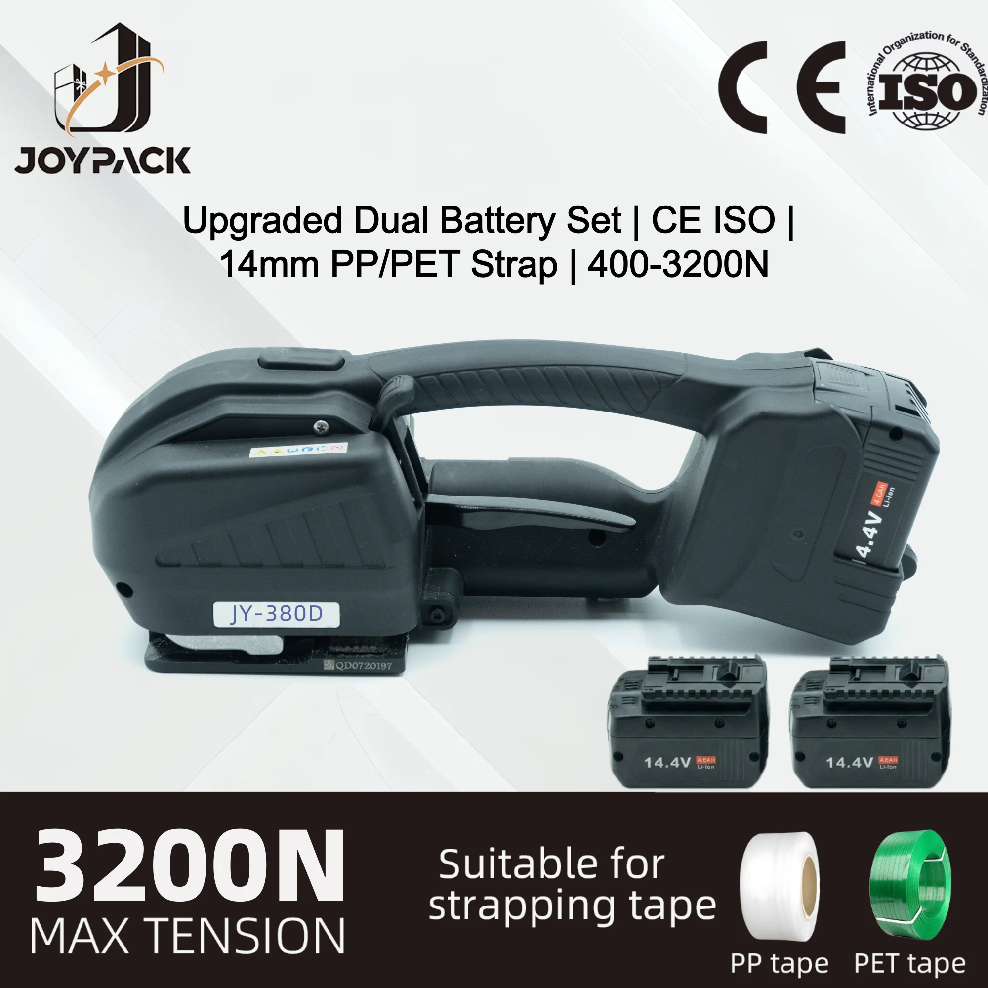 CE ISO JY-380D Dual Battery 4.0Ah Handheld Electric Strapping Tool 400-3200N 14mm PP PET Strap Machine 300W Brushless DC Motor