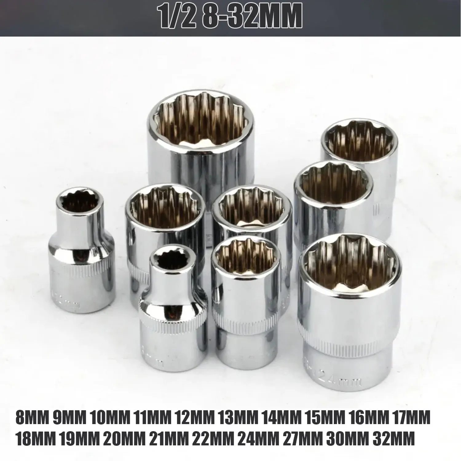 1/2' Square Drive 12-point Socket Bit Ratchet Wrench 12pt Sockets Hand Tool Kit 12 Angles Plum Blossom Sleeve 8-32mm