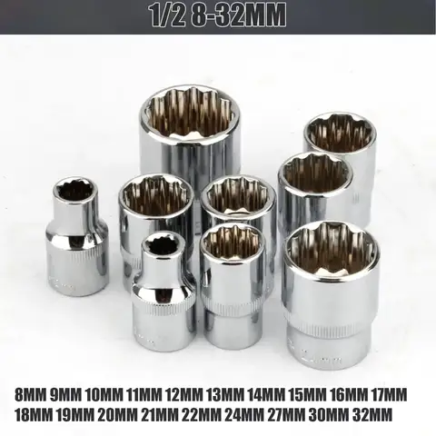 1/2' Square Drive 12-point Socket Bit Ratchet Wrench 12pt Sockets Hand Tool Kit 12 Angles Plum Blossom Sleeve 8-32mm