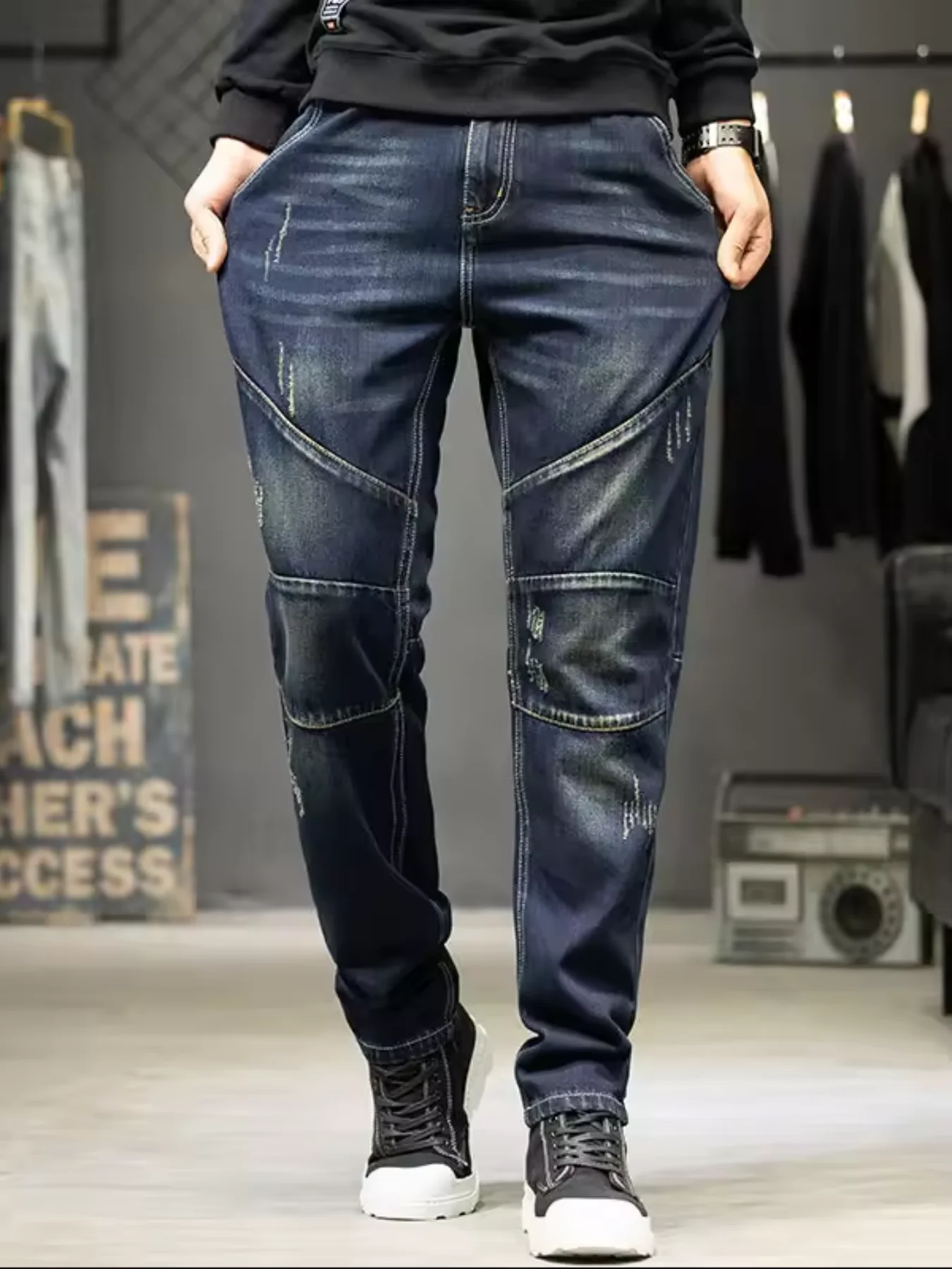 Trendy Patchwork Washed Denim Man Pants Stretch Fabric Skinny Fit Casual Men Jeans Fashion Streetwear