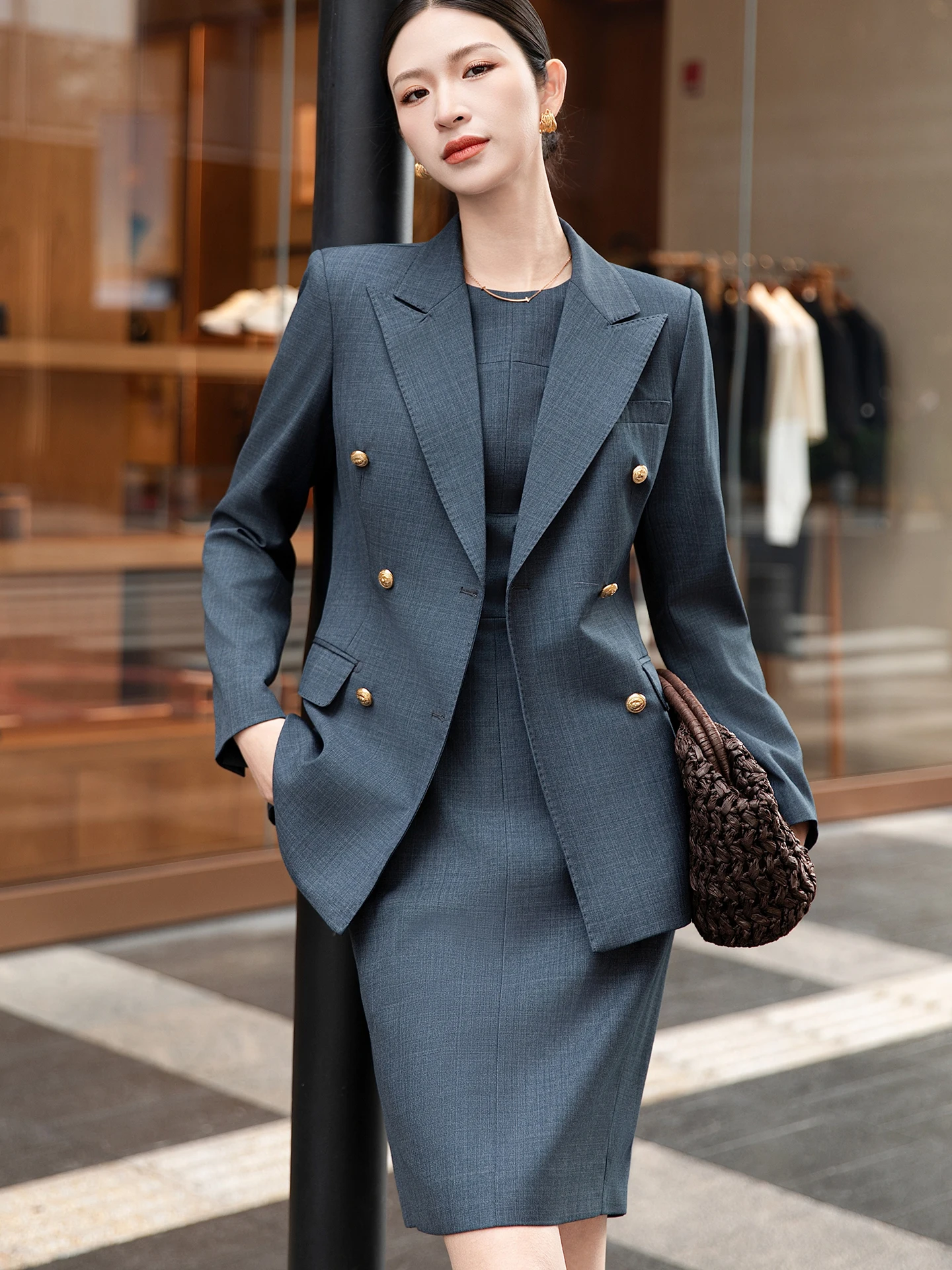 

Deep ey Women's Suit Dr 2026 Spring Commute Profional Woolen Long Sve Double Breasted Gold Button Suit Set